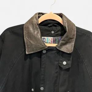 Vintage 90s Black Cotton Maxi Barn Jacket Leather Collar Oversized Small thumbnail 7