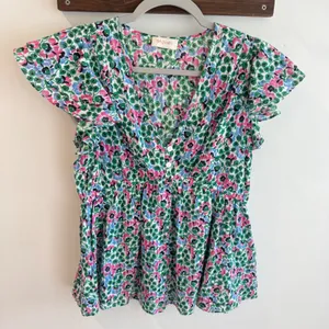 Banjanan Kira Floral Cotton Peplum Top V-Neck Ruffle Sleeve Pink Blue Green‎ M thumbnail 1