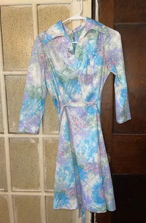 Vintage-Inspired Pastel Floral Women’s Dress - Light Blue & Lavender - Sz Small thumbnail 1