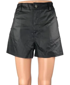 Women's Black Coated Faux Vegan Leather High Waist Wide Leg Mini Shorts Size L thumbnail 1