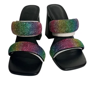 Open Edit Black Rainbow Rhinestone Square Toe‎ Block Heel Mules Slide  Size 8M thumbnail 2
