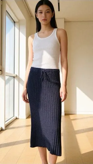 Free People Beach Maxi Skirt Small Navy Blue Stretch Ribbed Knit Pull On Classic thumbnail 1