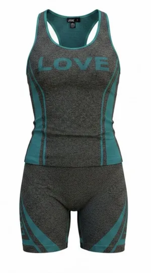 Love Women’s 1X/2X 2 Piece Seamless Activewear Set Tank Bike Shorts Teal Gray thumbnail 1