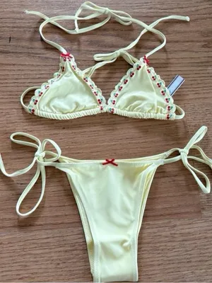 Frankie's Bikinis Yellow Tie-Side Bikini Set with Embroidered Trim thumbnail 1