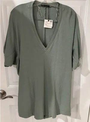 Zara Oversized V-Neck‎ Tunic Top Dolman Sleeve Sage Green XS thumbnail 1