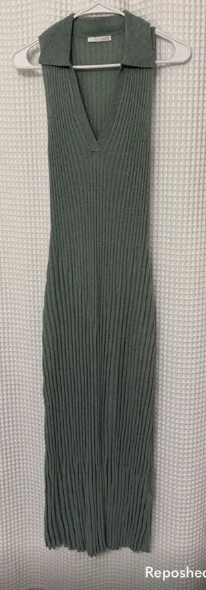 Zara Olive Green Ribbed Maxi Dress with Collar thumbnail 1