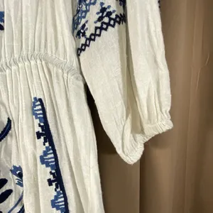 Free People Mini Dress Medium White Embroidered Blue Boho Cinch Artsy Beachy thumbnail 7