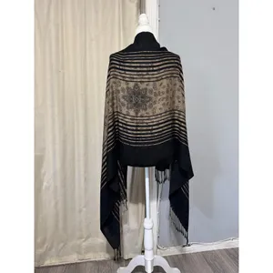 Black and Tan Paisley Floral Pashmina Wrap Scarf Shawl with Fringe Trim 28x72 in thumbnail 3