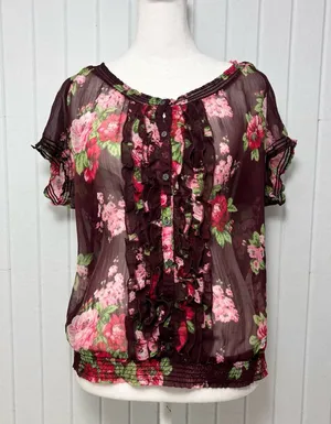 Abercrombie & Fitch Burgundy Maroon Floral Sheer Blouse‎ Boho Size L thumbnail 1