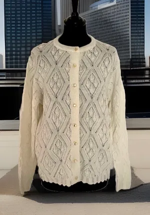 Wintuk Vintage 60s Off White Dupont Acrylic Diamond Knit Cardigan Sz S‎ ? thumbnail 1