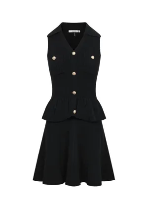 Black Tweed Mini Dress | Gold Button Sleeveless Peplum | Chic Luxury L thumbnail 2