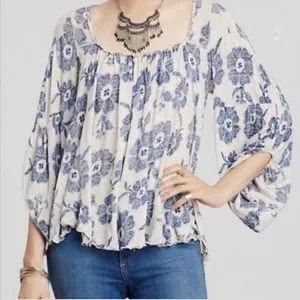 Free People Blue Grey Floral Boho Peasant Top thumbnail 1