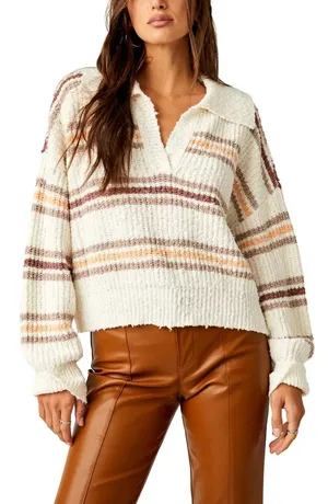 Free People Kennedy Striped Collared Cropped Chunky Knit Sweater Size Large thumbnail 1