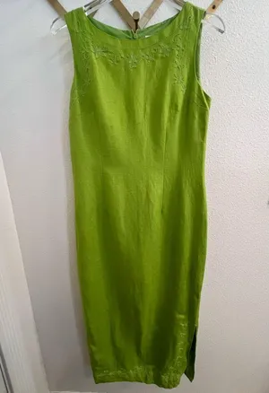 Vintage 90’s Jessica Howard Green Linen Embroidered Midi Dress 8 thumbnail 1