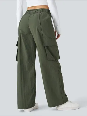 Halara 01HAL.- Mid Rise Button Zipper Side Pocket Wide Leg Baggy Casual Cargo Pants. thumbnail 2