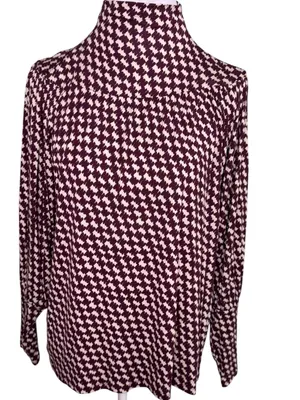 Ann Taylor Mock Neck Houndstooth Blouse Burgundy Cream Medium NWT Popover thumbnail 2