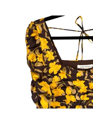 Floret Cottagecore Dark Floral Ruched Square Neck Dress Yellow Brown XS NWOT thumbnail 6