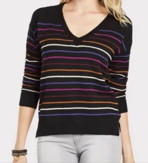 Allison Joy Evereve Multi Striped V-Neck Sweater Womens Colorful Knit Pullover thumbnail 1