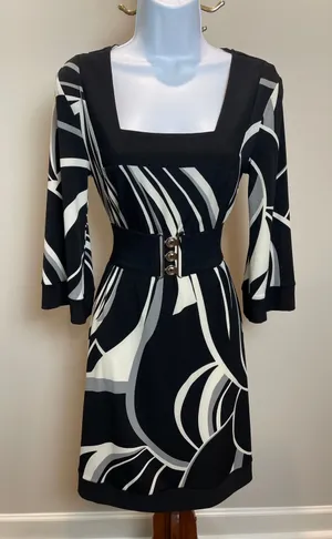 White House Black Market S Black White Pattern Shift Dress Square Neck thumbnail 1