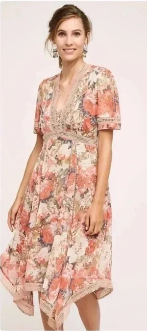 Ranna Gill Dress Floral V-Neck Embroidered Flowy Brown Rose Boutique Size 8 thumbnail 1