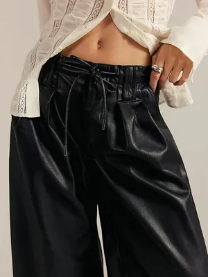 Free People Julien Black High Rise Wide Leg Vegan Leather Pants Drawstring XS thumbnail 1