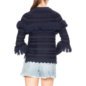 Jonathan Simkhai Tassel Fringe Knit Wool Sweater Black Blue‎ Stripe thumbnail 9