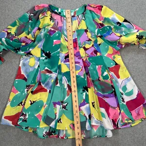 J Jordan Emerald Floral Pleated Blouse Women's Small Tunic Balloon Sleeve V-Neck thumbnail 7