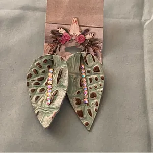 Gypsies & Cowgirls Dangle Earrings Painted Faux Leather Leaf Shape Blue 3”H New thumbnail 2