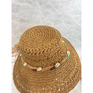 Panama Jack Women Brown Toyo Straw Sun Hat Cowrie Shell Bead‎ Tassel Vacation thumbnail 7