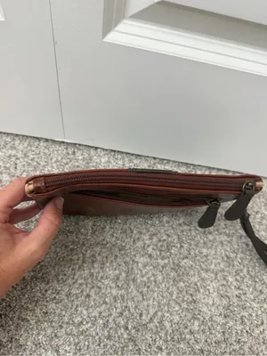 Vintage 1990s Stone Mountain Brown Two-Tone Faux Leather 9" Wristlet Clutch thumbnail 7