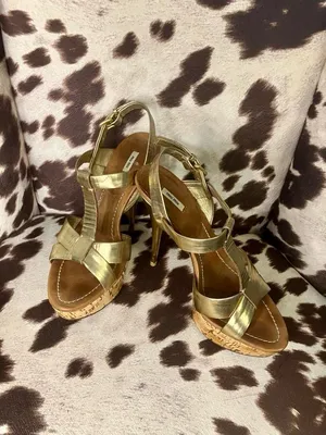 Miu Miu Metallic Gold Leather Cork Platform Heels thumbnail 3