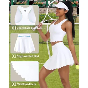 NWT Womens Tennis Skirt Set Built-In Shorts Scalloped Active Set White XS thumbnail 4