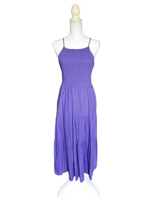 NWT Universal Thread Purple Smocked Tiered Midi Dress Pockets Cutout Back M thumbnail 2