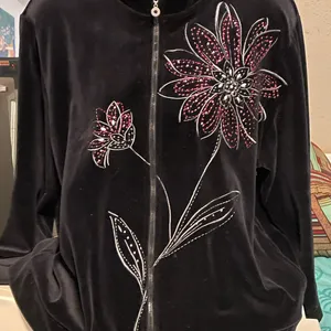 Alfred Dunner Black Bomber Jacket with Pink Floral Embroidery thumbnail 2