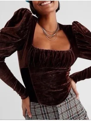 Free People Hold Me Velvet Puff Sleeve Women's Brown Long Sleeve Sz LRG thumbnail 1