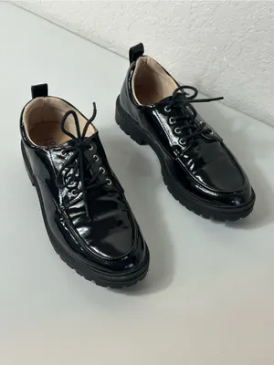 Journee Collection Black Patent Leather Oxford Chunky Heel Preppy Loafers Size 7 thumbnail 2