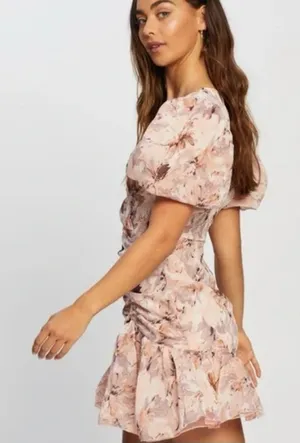 MISSGUIDED Mini Dress Size 0 Pink NWT Floral Coquette Flirty Puff Sleeve Frill thumbnail 1