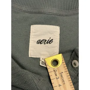 Aerie Womens Small Waffle Knit Henley Crop Top Long Sleeve Sage Green Buttons thumbnail 3
