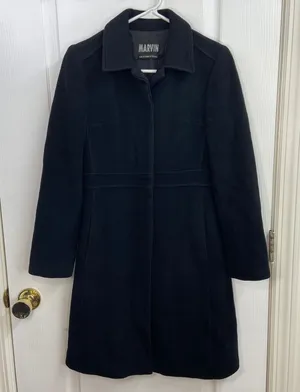 Marvin Richards women's‎ black wool peacoat full length trench long coat small thumbnail 1
