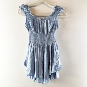 Urban Outfitters Rosie Smocked Cap Sleeve Mini Romper Blue XS thumbnail 4