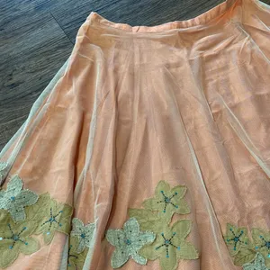 Citrine Midi Skirt Mesh Overlay Burlap-Like Leaf Applique Blue Beads Sequins 14 thumbnail 5