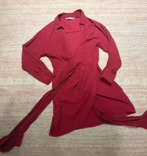 Red Zara long sleeve wrap dress with collar thumbnail 1