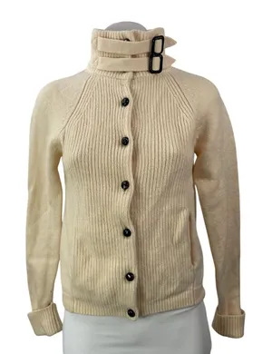J.Crew Womens Cream 100% Wool Ribbed Knit Cardigan Turtleneck Sweater Top Size M thumbnail 1