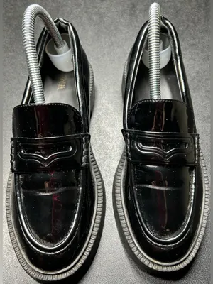 Zara Size 37/6.5–7 Black Patent Leather Chunky Heel 90s Y2K Penny Loafers thumbnail 2