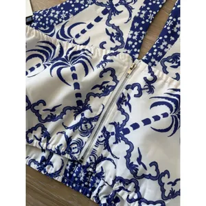 NWT COMMENSE Blue White Printed Palm Tropical Halter Crop Top Womens Large thumbnail 6