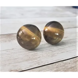 Vintage Screw On Earrings - Brown Possibly Tigers Eye? Domed Circle thumbnail 2