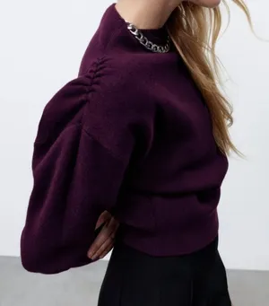 Zara Purple Solid Knit Long Sleeve M thumbnail 1