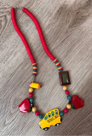 Teacher School Necklace Beaded Pencil Apple Bus Whimsical Vintage Red thumbnail 1