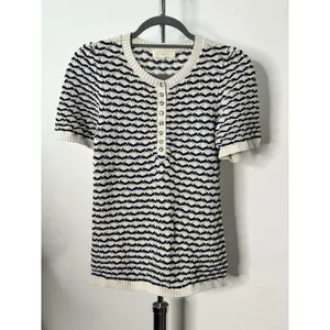 Sezane Mae Jumper Ecru Ocre Organic Cotton Chevron Pointelle Knit Henley Top M thumbnail 2