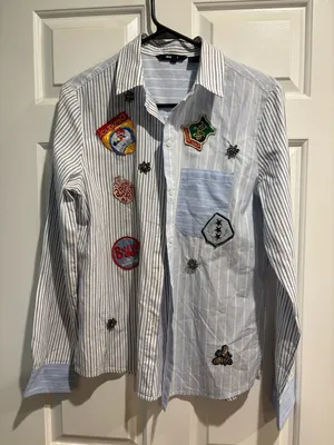 Desigual Lian shirt button down patches rhinestones blue white stripes sz S thumbnail 3